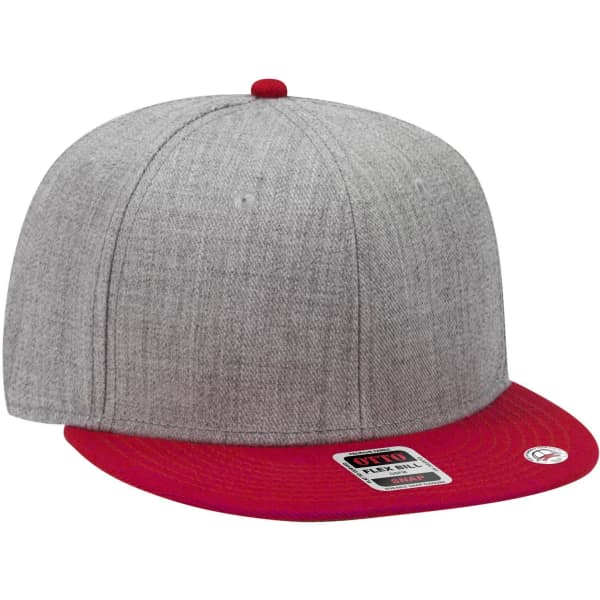 A snapback cap featuring a grey fabric body and a red brim, with a logo on the side.