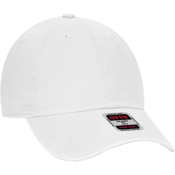 A white 6 Panel Low Profile Dad Cap with a branded label on the front.