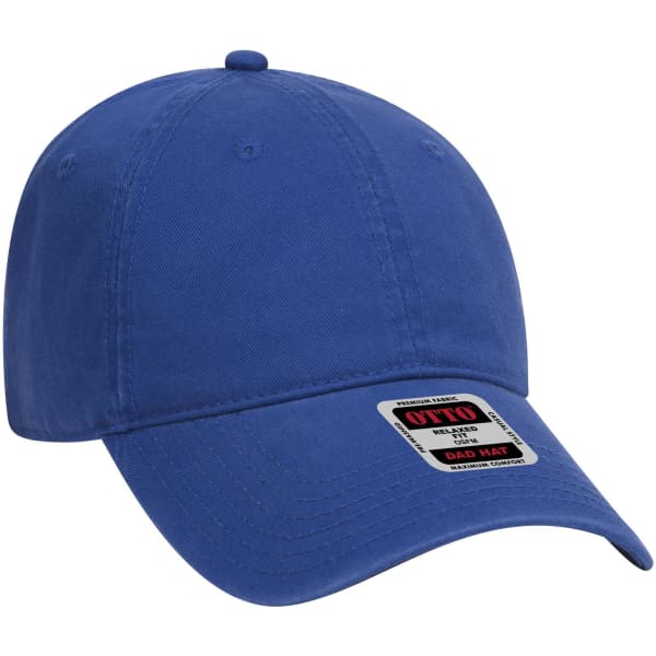 A blue 6-panel low profile dad cap with a curved brim and an adjustable strap at the back, featuring a logo.