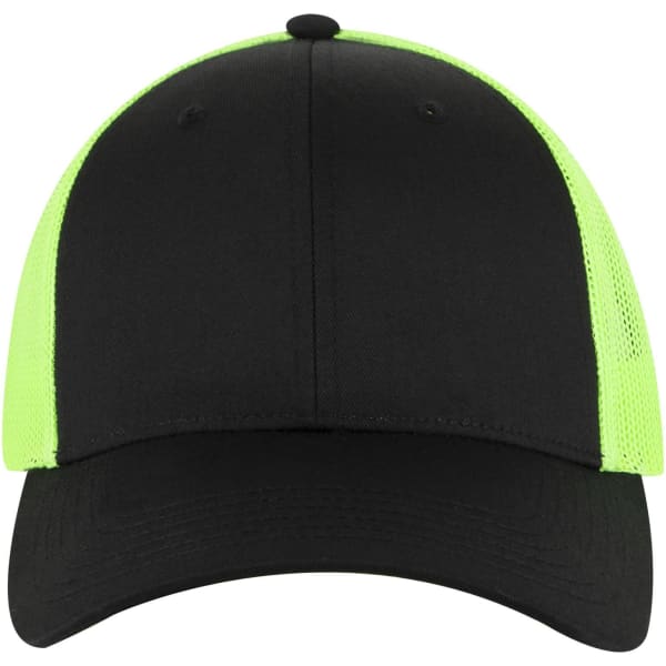 A black 6 panel low profile trucker cap with bright green mesh sides and a curved brim. It features a logo on the front.