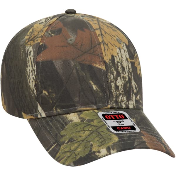 A camo 6 panel low profile baseball cap featuring a green, brown, and tan camouflage pattern, with a logo on the front.