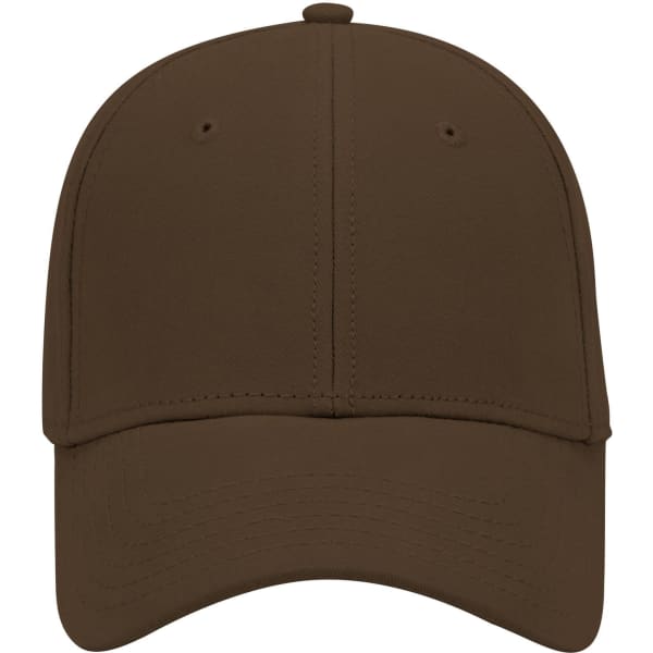 A brown 6 panel low profile baseball cap with a stitched brim and a logo on the front.