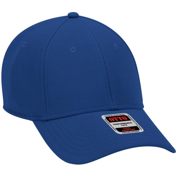 A blue 6 panel low profile baseball cap with a logo on the front and ventilation eyelets.