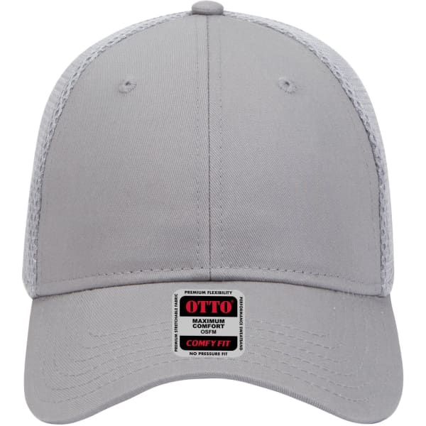 A grey six-panel low profile baseball cap with a mesh back and a logo on the front.