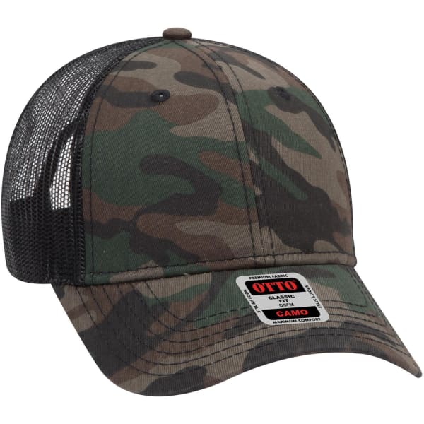 A camo-patterned 6 panel low profile trucker cap featuring a black mesh back and a logo tag.