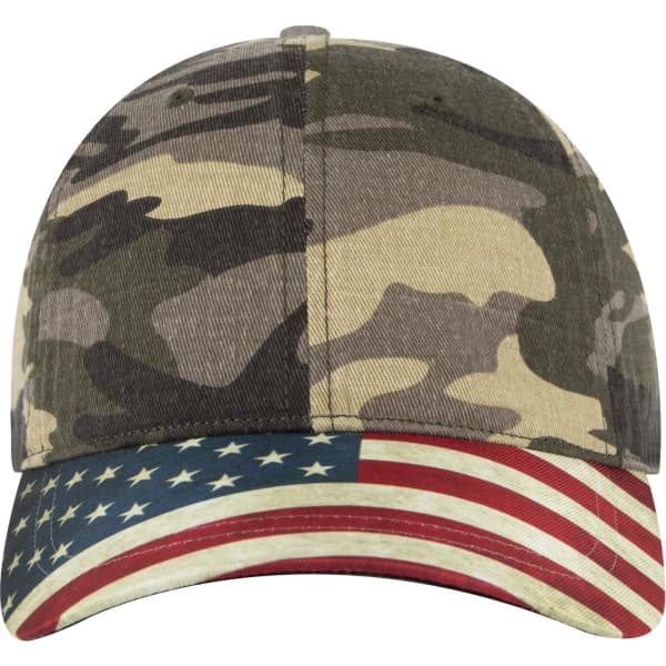 A camouflage baseball cap with a low profile and an American flag design on the brim. Features a logo on the front.