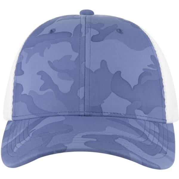 A low-profile trucker cap featuring a blue camouflage pattern with a white mesh back and a logo on the front.