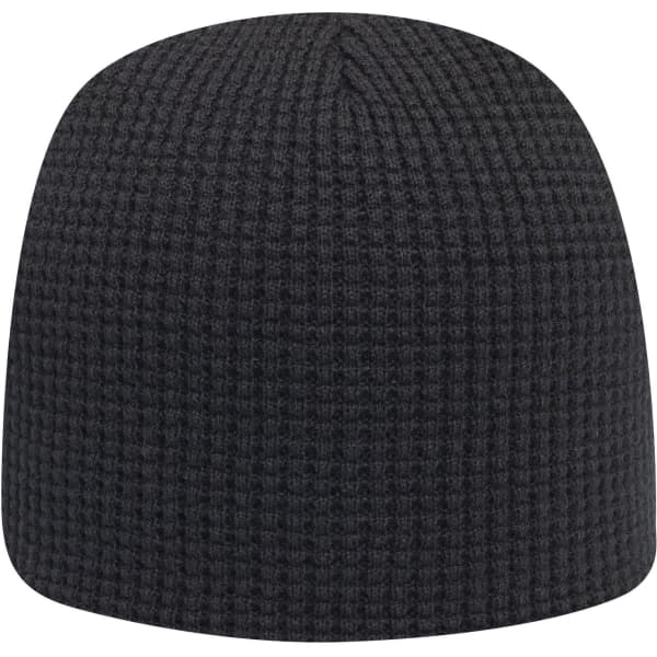 A black waffle rib knit beanie with a rounded top and a textured design. Features a logo on the side.