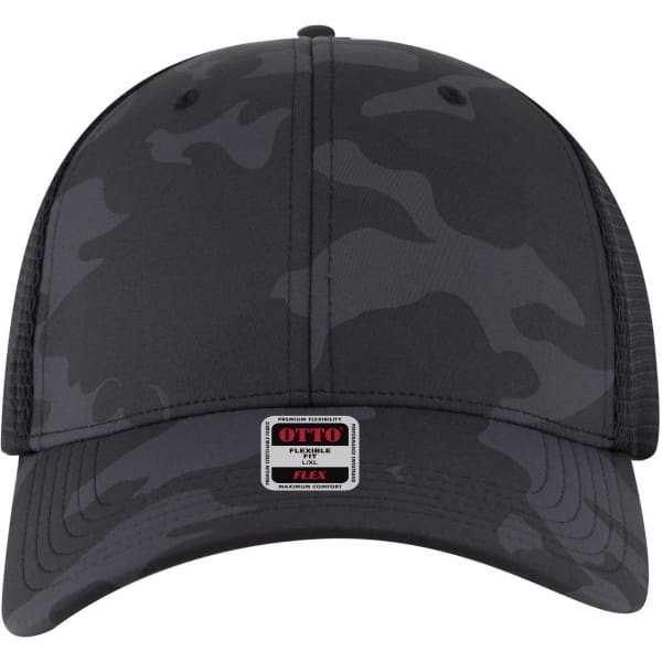 A grey camo Flex Fit 6 Panel Low Profile Trucker Cap with a branded tag on the front.