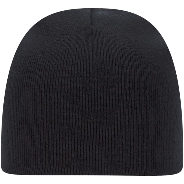 A black classic knit beanie with a ribbed texture and a simple design, featuring a logo.