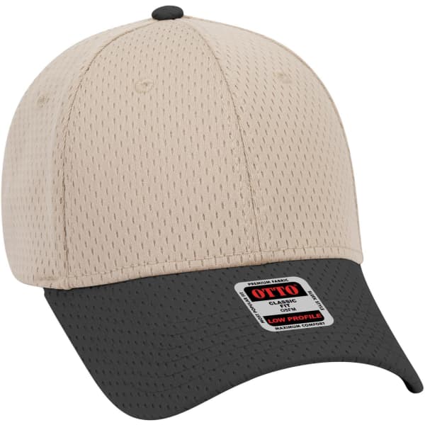 A low profile baseball cap featuring a beige top and dark grey brim, with a logo on the side.