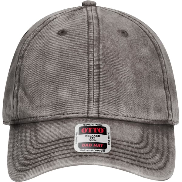 A grey 6-panel low profile dad cap with a relaxed fit and a branded label on the front.