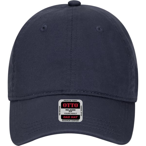 A navy blue 6 panel low profile dad cap with a front fastened peak and a logo label at the front.
