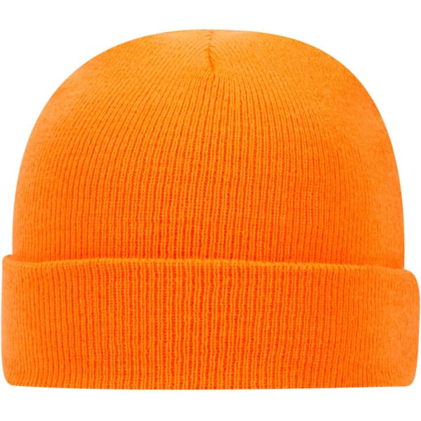 An orange knit beanie with a folded cuff and a ribbed texture, featuring a logo.