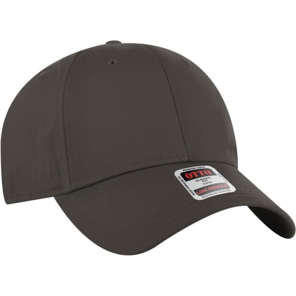 A grey 6 panel low profile baseball cap featuring a logo and a curved brim.