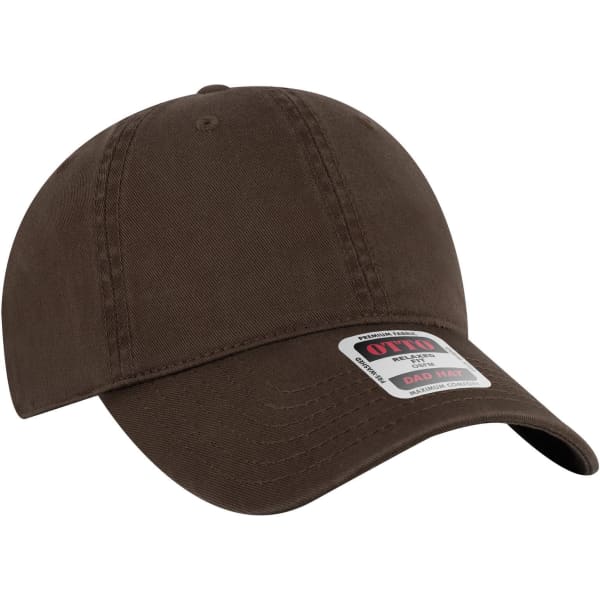 A brown low profile dad cap with a curved brim and a logo on the front.