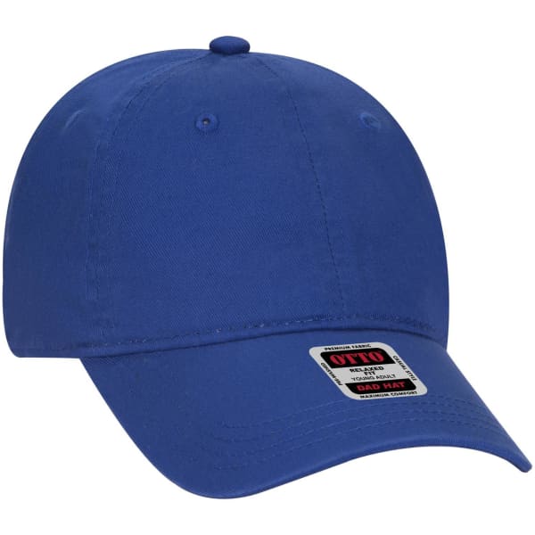 A blue 6 panel low profile dad cap with a branded tag on the front.