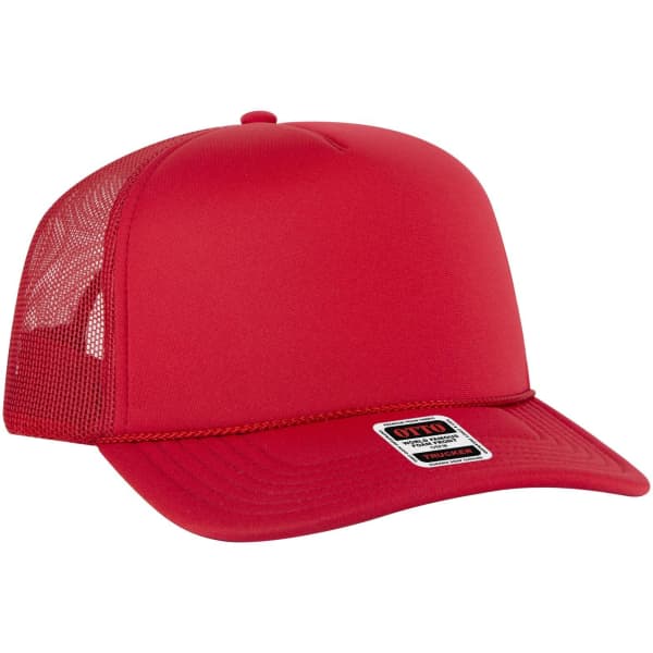 A red 5 Panel High Crown Trucker Cap with mesh sides and a branded patch on the front.