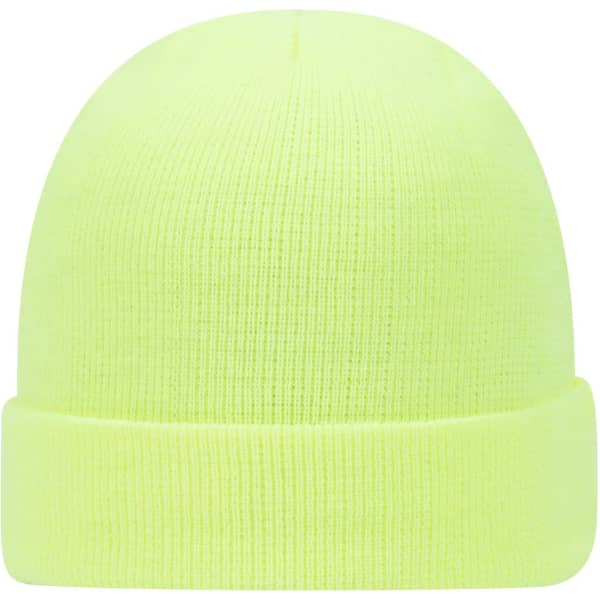 A classic knit beanie in bright yellow with a ribbed texture and a folded cuff. It features a logo.
