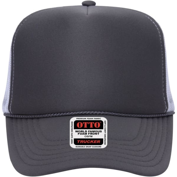 A 5-panel high crown trucker cap in grey with a foam front and mesh back, featuring a branded patch.