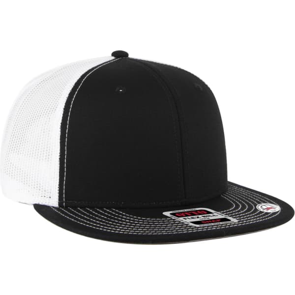 A black and white 6 panel mid profile trucker cap with a flat peak and mesh back, featuring a logo.