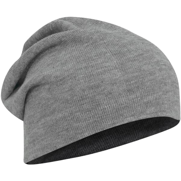 A slouch beanie in grey, featuring a contrasting black band. It has a soft, comfortable texture and a casual style.