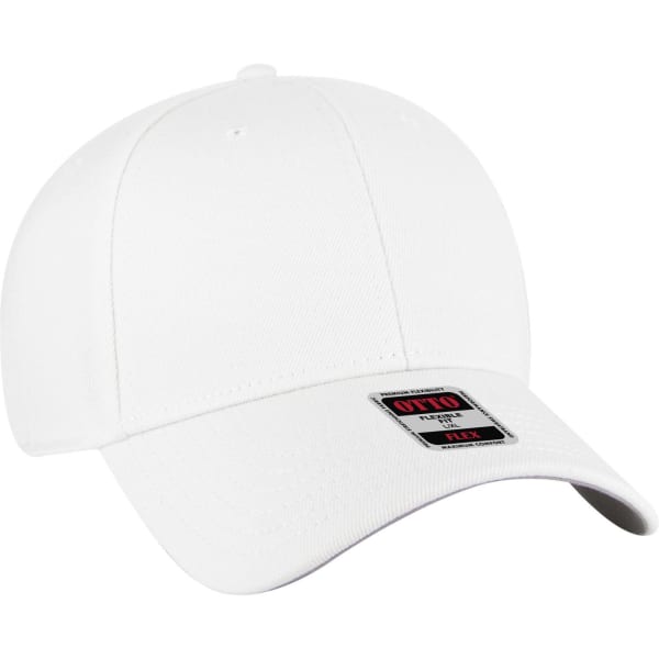 A white six-panel low profile baseball cap with a logo on the front.
