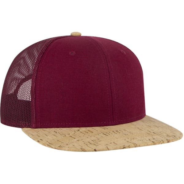 A maroon trucker cap with a cork peak and mesh side panels, featuring a logo on the front.