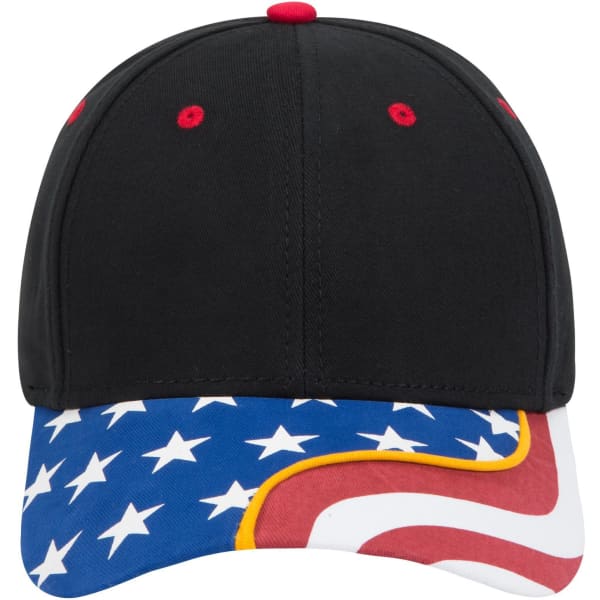 A black low profile baseball cap featuring a patterned brim with an American flag design and red accents.