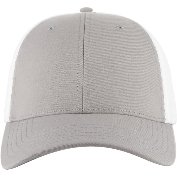 A grey low profile trucker cap with white mesh sides and a curved peak. Features a logo on the front.