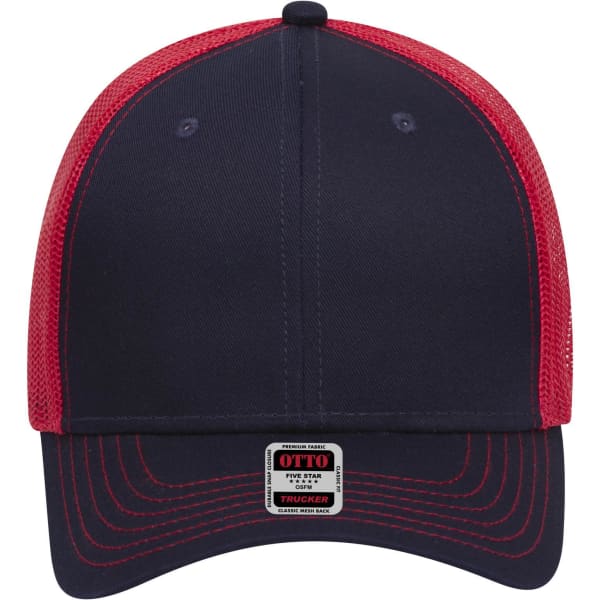 A navy and red 6 panel low profile trucker cap with mesh sides and an adjustable back. It features a logo.