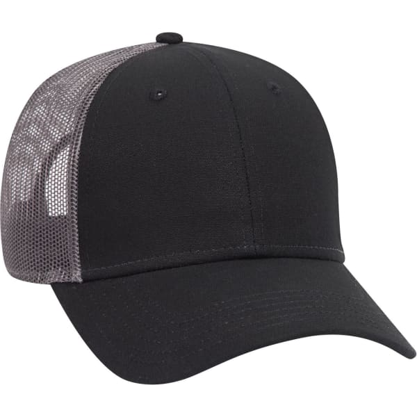 A black low profile trucker cap with a grey mesh back and a curved brim, featuring a logo on the front.