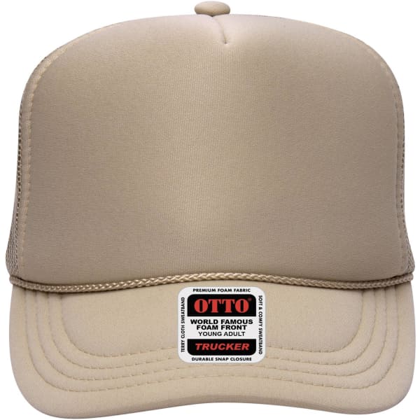 A beige 5 panel high crown trucker cap with a logo on the front and mesh sides.