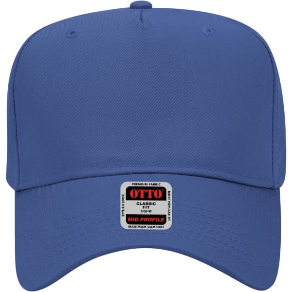 A mid crown baseball cap in blue with a label on the front and a curved brim.