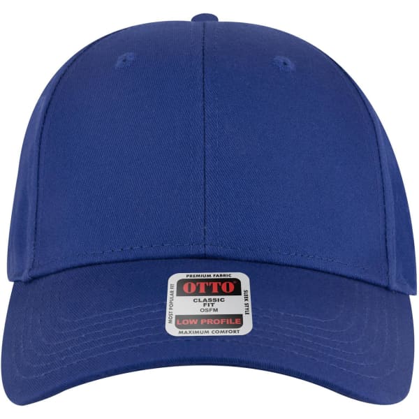 A blue 6 panel low profile baseball cap with a branded label on the front.