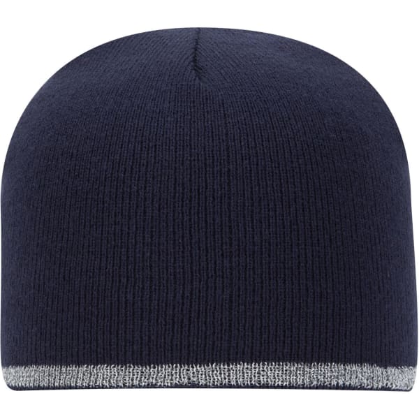 A navy blue knit beanie with a reflective stripe at the bottom, featuring a logo.