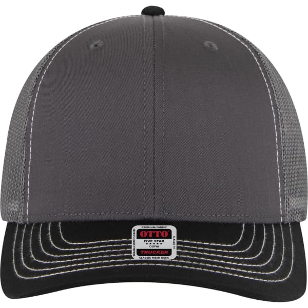A grey mid-profile trucker cap featuring mesh panels and a contrasting black brim, with a logo on the front.