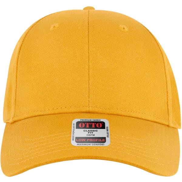 A yellow 6-panel low profile baseball cap with a logo on the front.