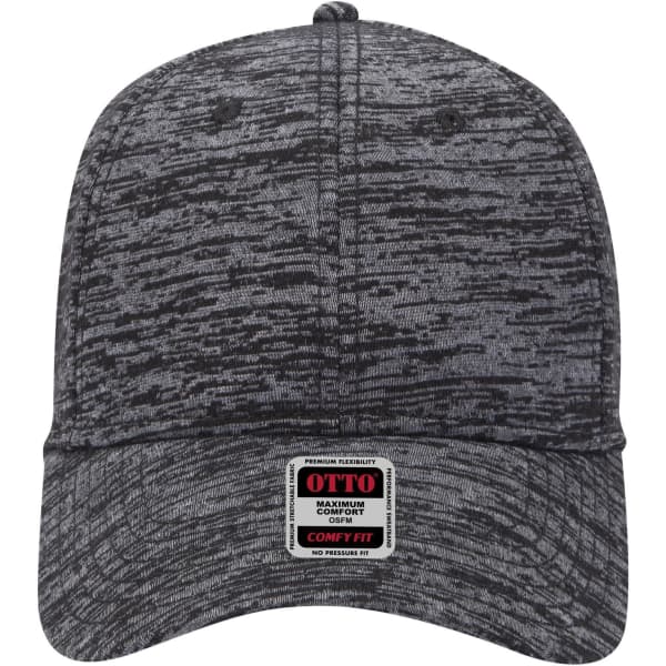 A grey textured baseball cap featuring a logo and a low-profile design.