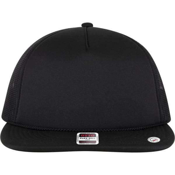 A black 5 panel style trucker cap with a structured front and mesh sides, featuring a logo on the label.