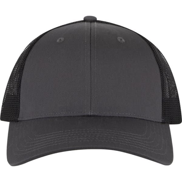 A six-panel low-profile trucker cap in solid dark grey, featuring mesh side panels and a curved brim.