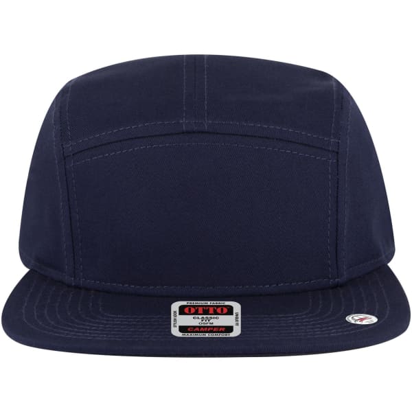 A navy 5 panel camper hat with a flat brim and a logo on the front.
