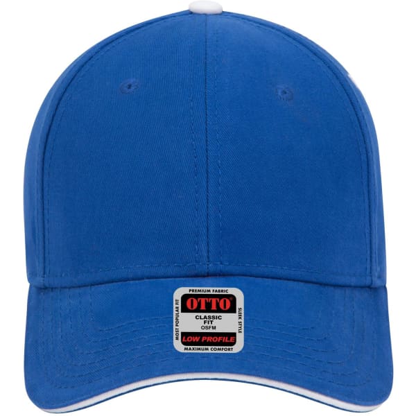 A blue six-panel low profile baseball cap with a white trim and a logo on the front.