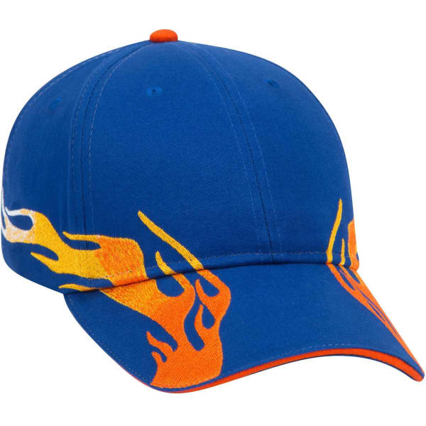 A blue low profile baseball cap with orange flame detailing and a contrasting orange undershell. It features a logo.