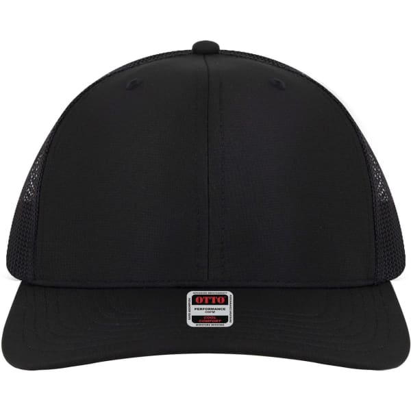 A black mid-profile trucker cap featuring a mesh back and a small logo on the front.