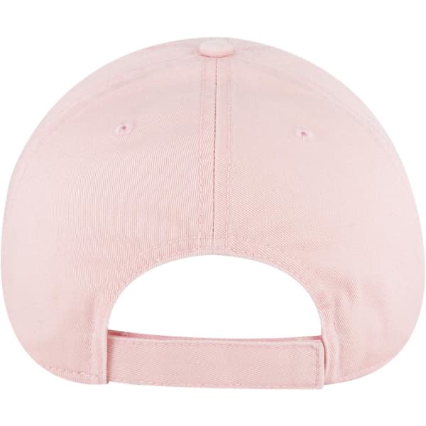 A pink 6-panel low profile dad cap featuring a rounded back and an adjustable strap. It has a logo on the back.