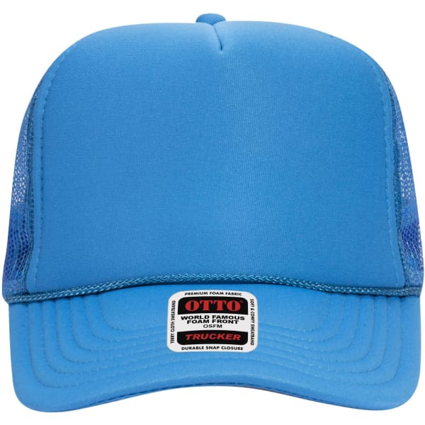 A blue 5 panel high crown trucker cap featuring mesh side panels and a branded label on the front.