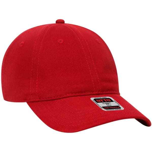 A red 6 panel low profile baseball dad cap featuring a logo on the front.