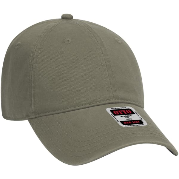 A low profile dad cap in olive green with a branding label on the front. The cap has six panels and a curved brim.