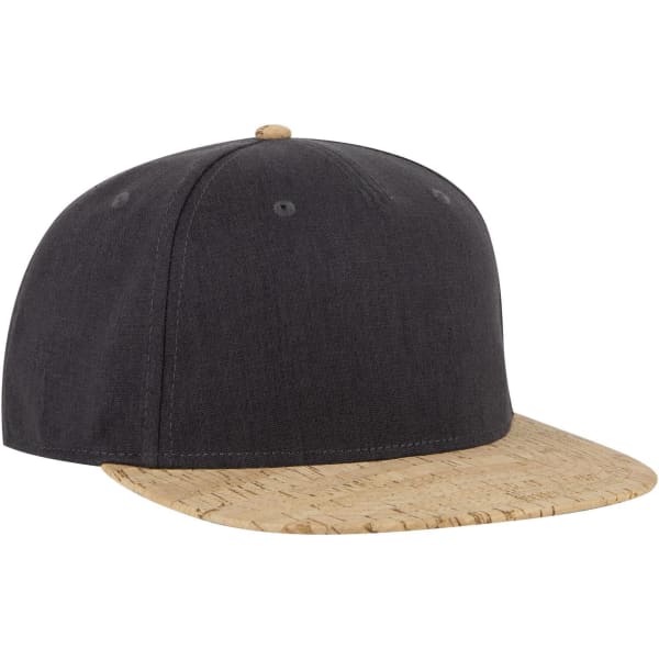 A black snapback cap with a cork brim and a logo on the front. It features a pro style design.